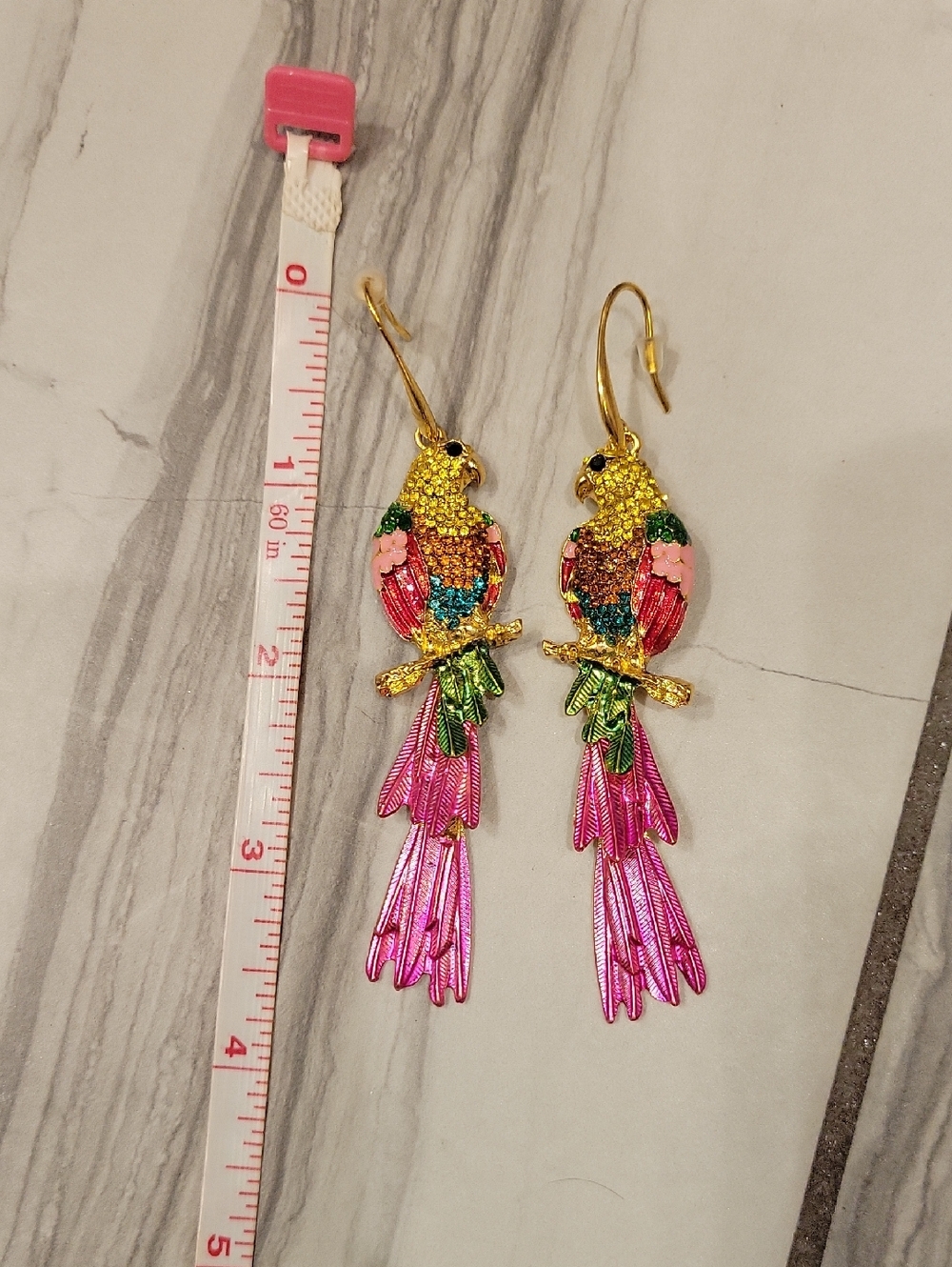 Gold-Tone Multicolor Parrot Drop Earrings - Pink & Green - Picture 2 of 3